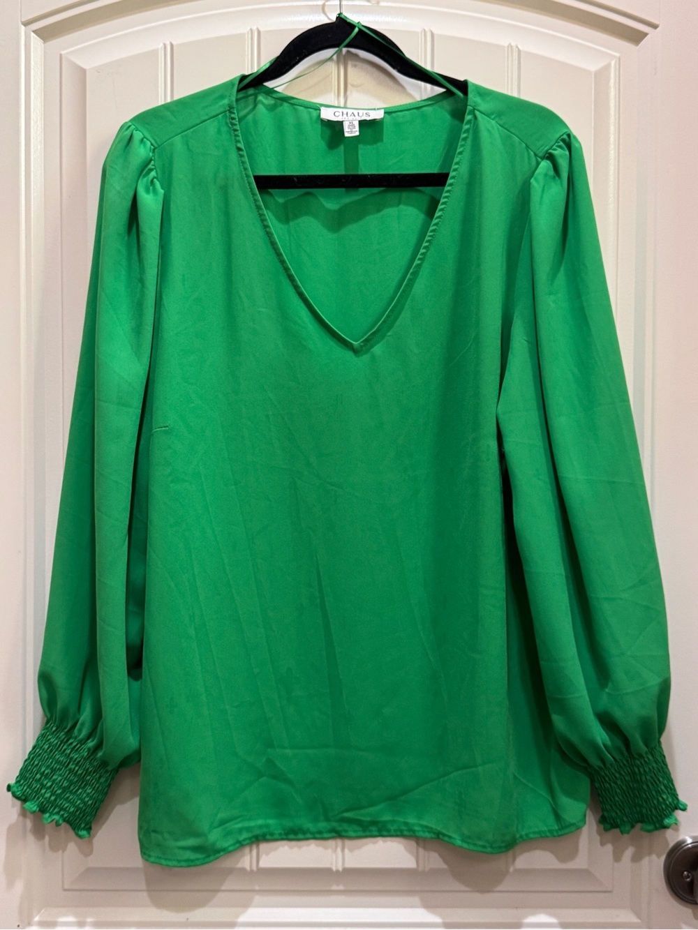 Chaus Bright Green V-Neck Blouse with Smocked Cuffs